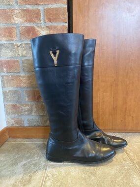 Vintage YSL Yves Saint Laurent Black Leather Riding Boots Size 39 Made in Italy